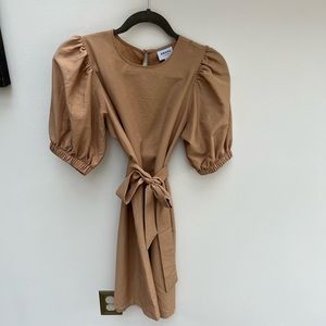 Camel colored belted puff-sleeve shirt dress from ASOS